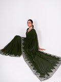 Charming Green Swarovski Work Georgette Mehendi Wear Saree