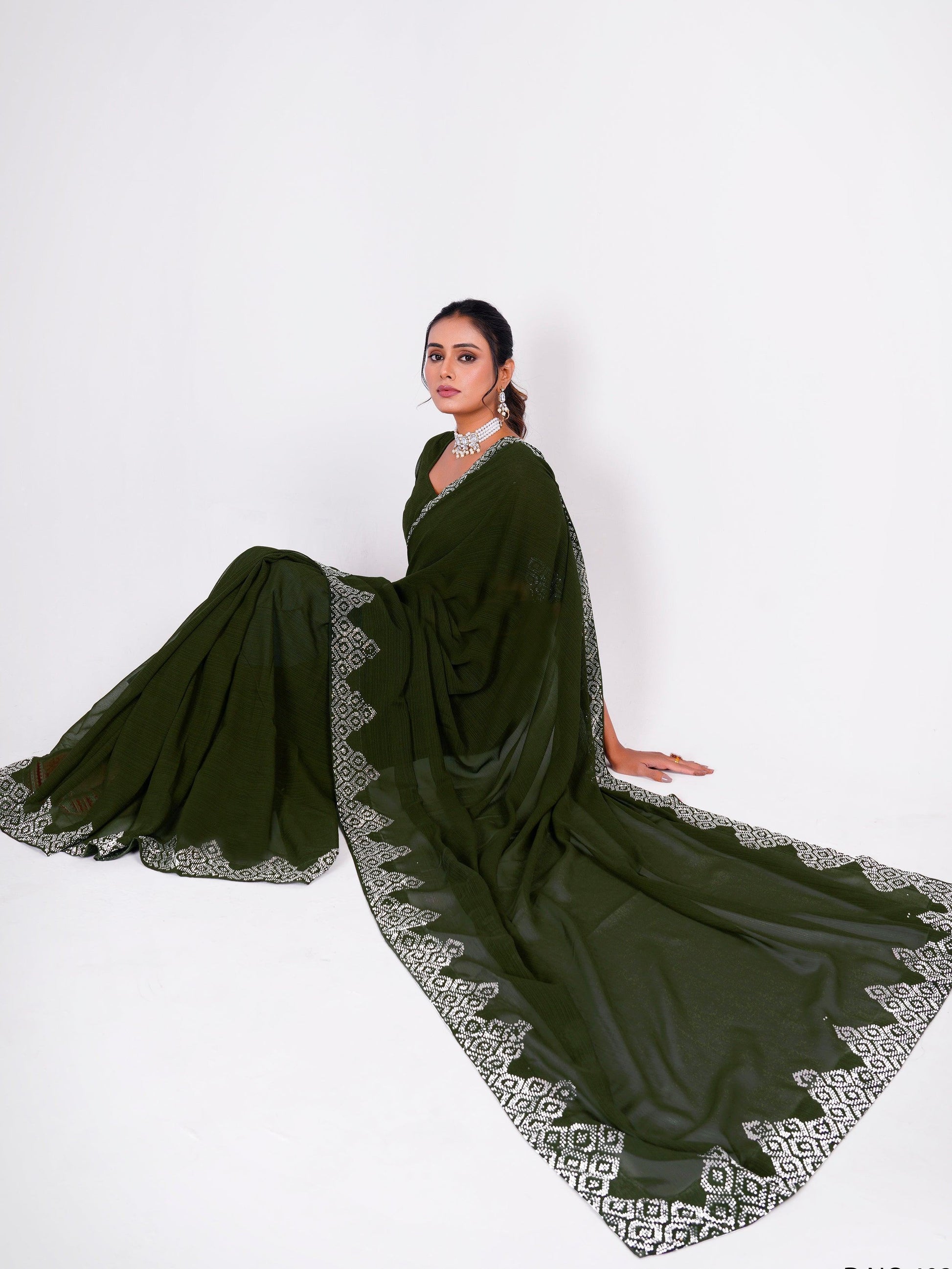 Charming Green Swarovski Work Georgette Mehendi Wear Saree