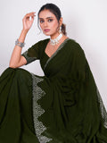 Charming Green Swarovski Work Georgette Mehendi Wear Saree