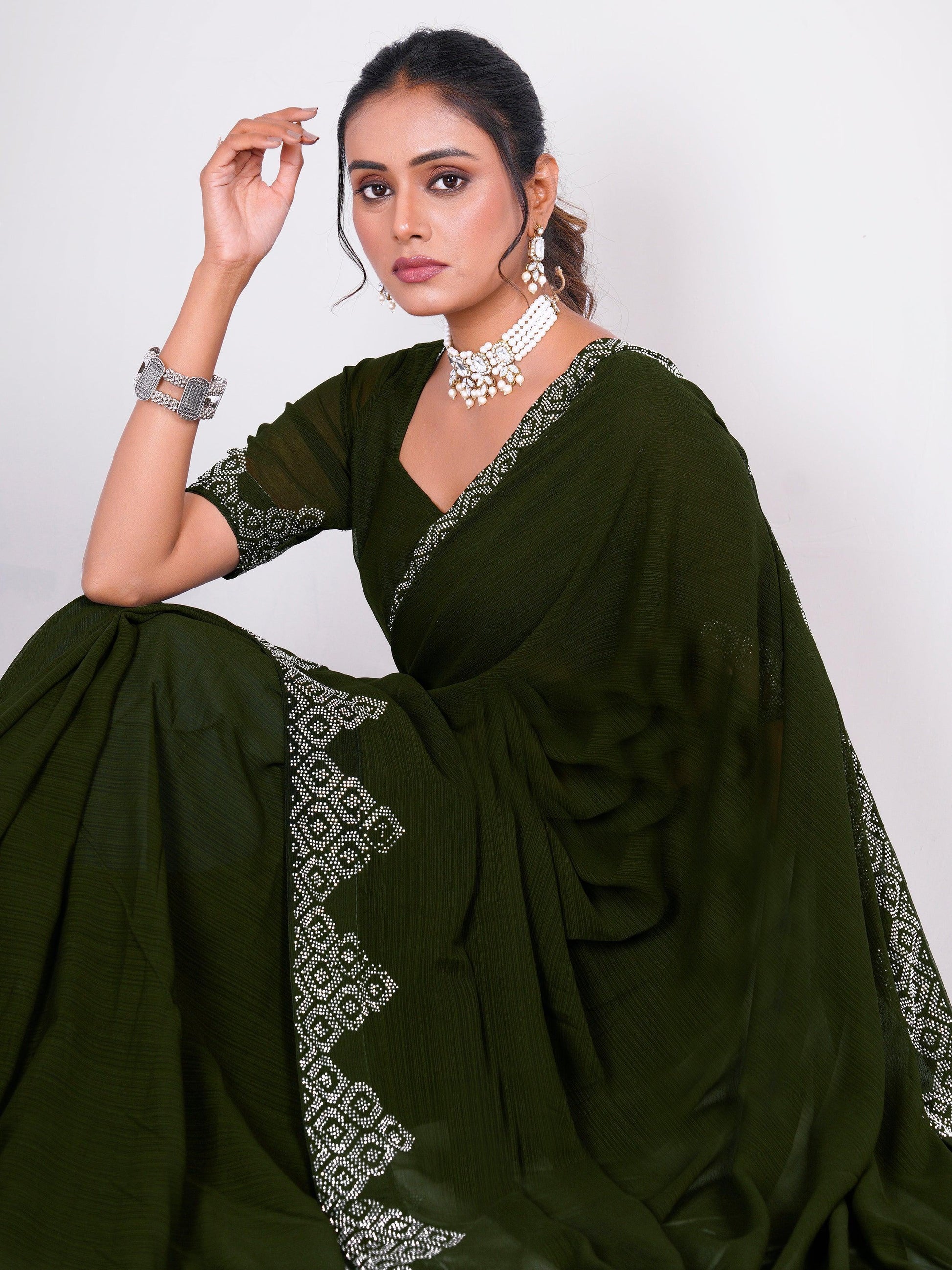 Charming Green Swarovski Work Georgette Mehendi Wear Saree