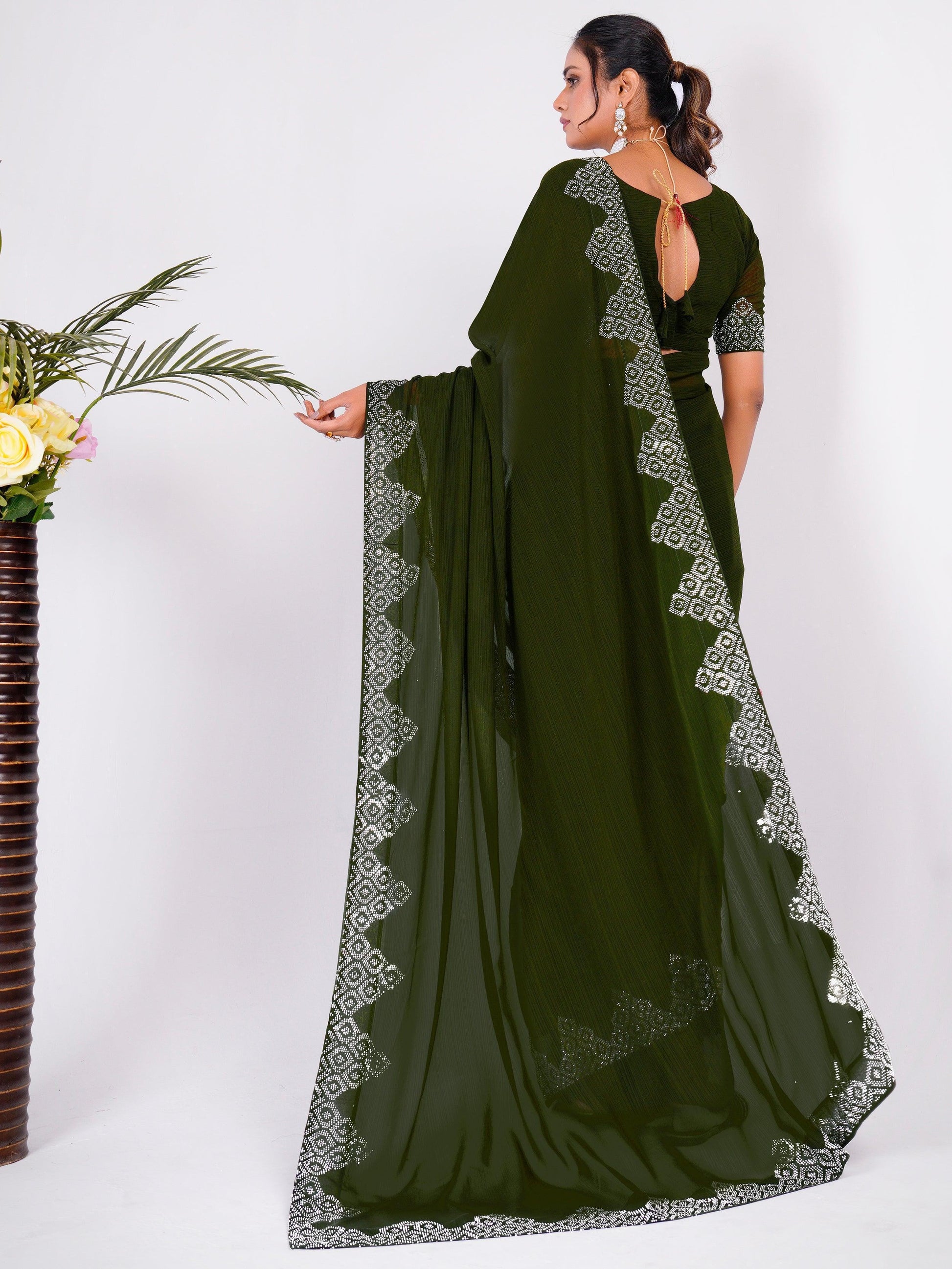 Charming Green Swarovski Work Georgette Mehendi Wear Saree