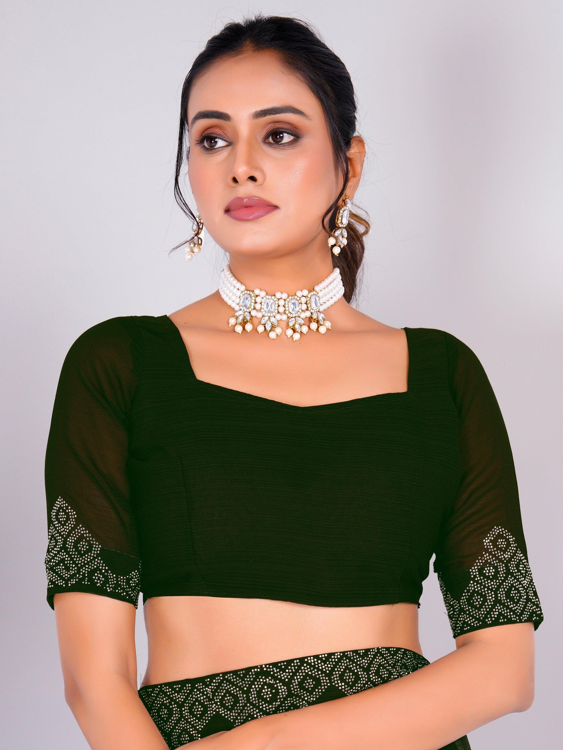Charming Green Swarovski Work Georgette Mehendi Wear Saree