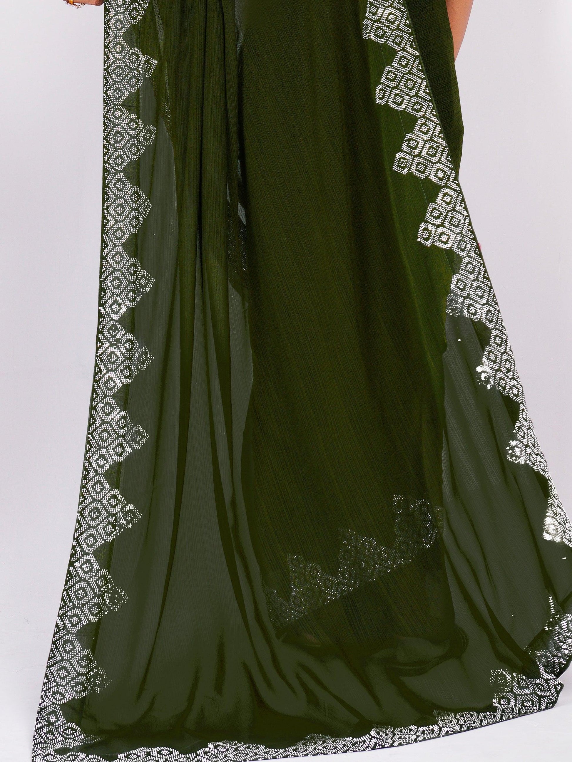 Charming Green Swarovski Work Georgette Mehendi Wear Saree