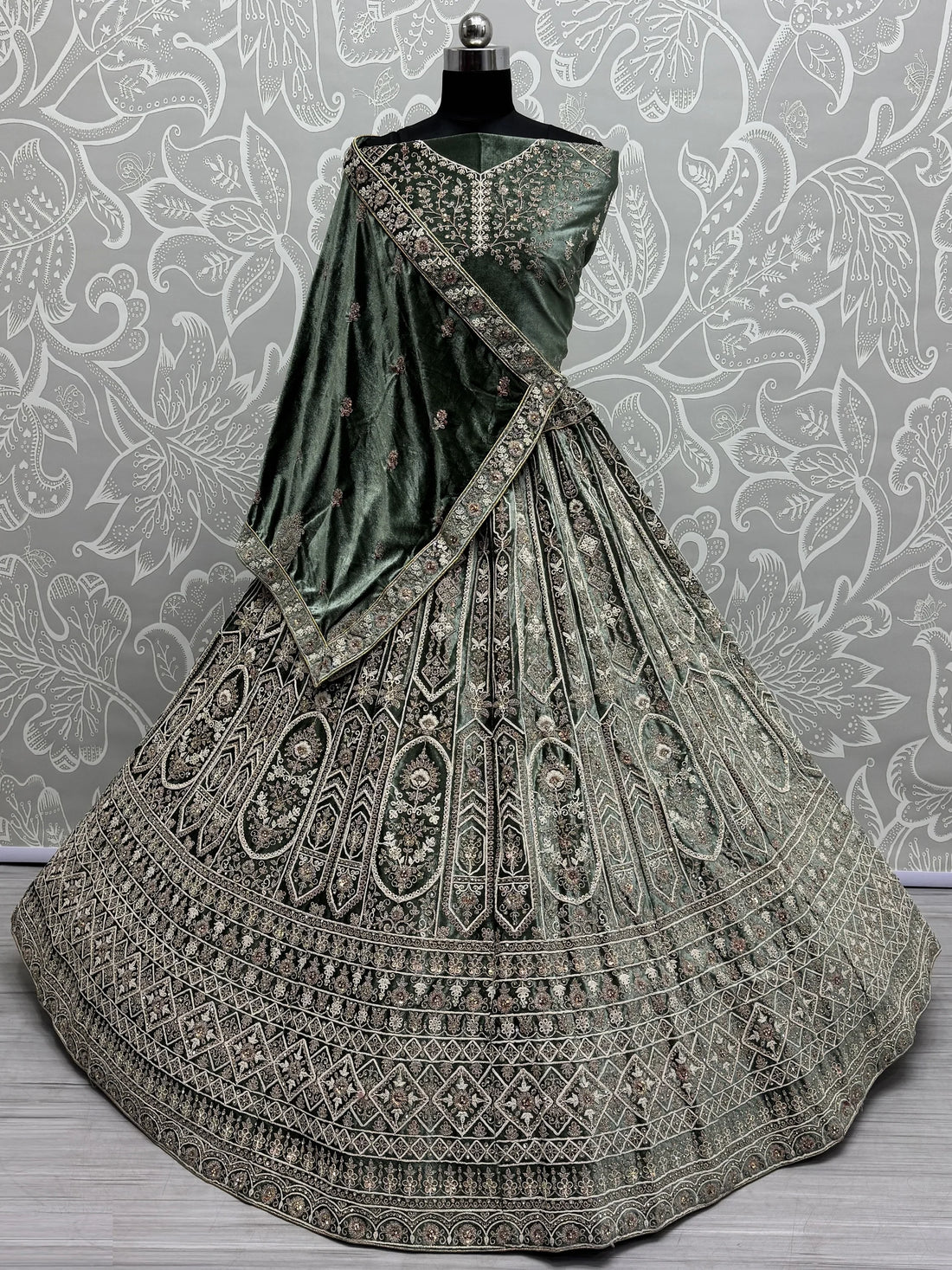 Charming Green Velvet Bridal Lehenga Choli With Double Dupatta - Zeel Clothing
