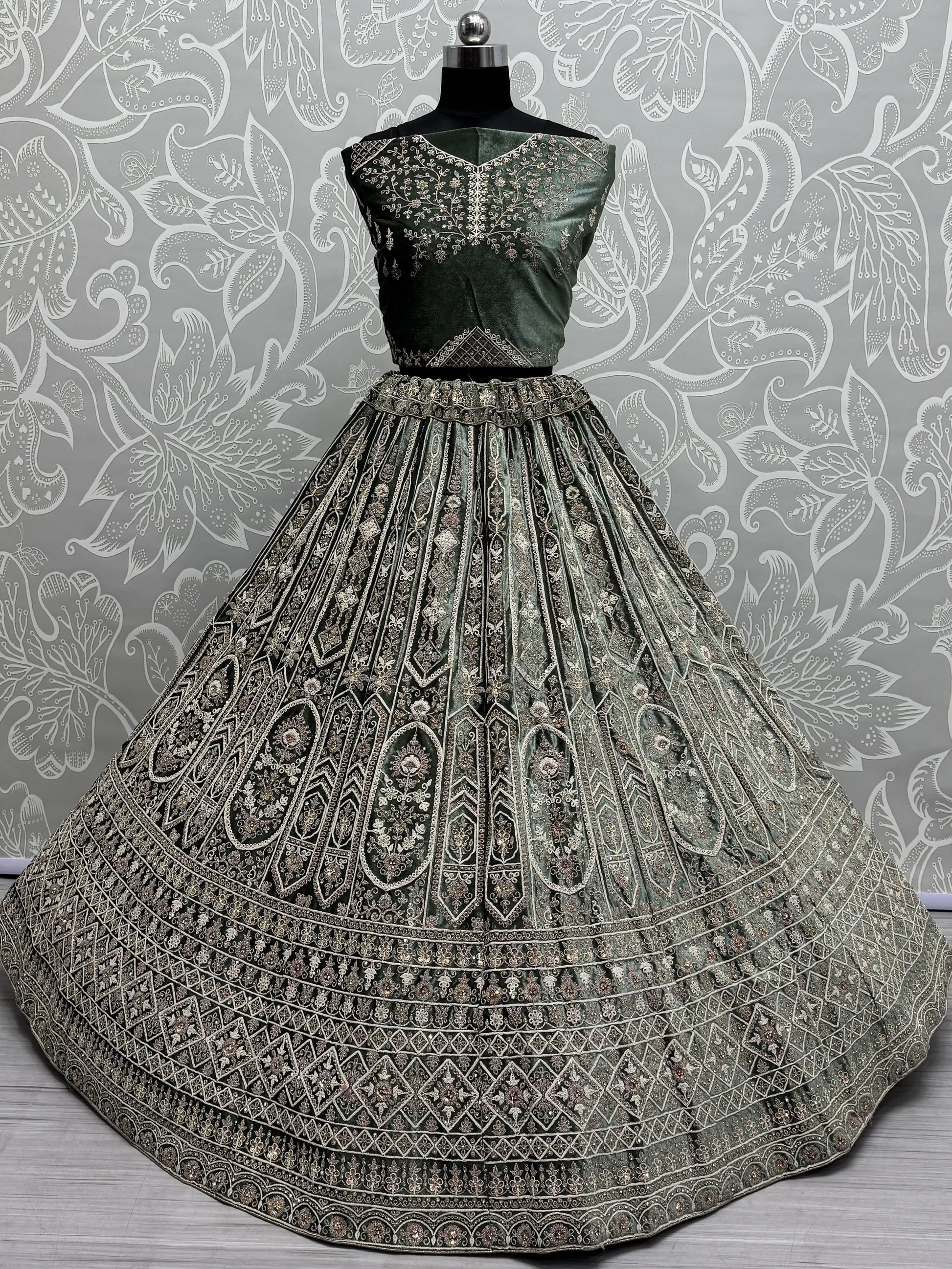 Charming Green Velvet Bridal Lehenga Choli With Double Dupatta - Zeel Clothing