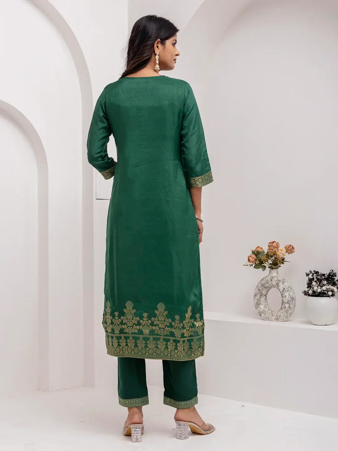 Charming Green Zari Weaving Viscose Silk Mehendi Wear Pant Suit With Dupatta - Zeel Clothing