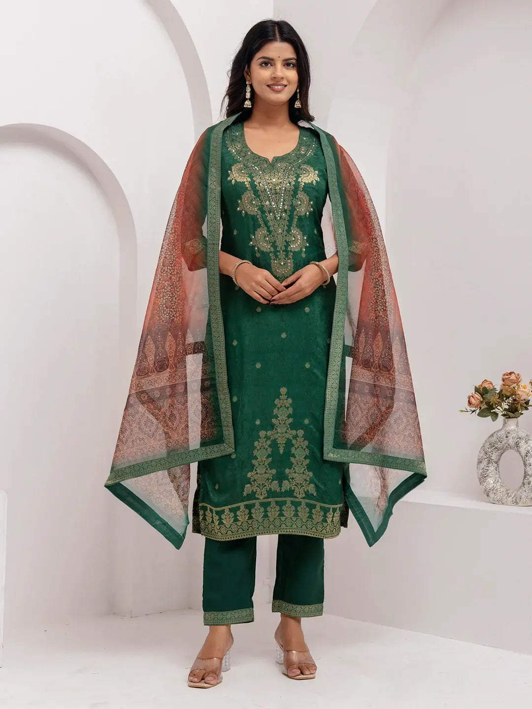 Charming Green Zari Weaving Viscose Silk Mehendi Wear Pant Suit With Dupatta - Zeel Clothing