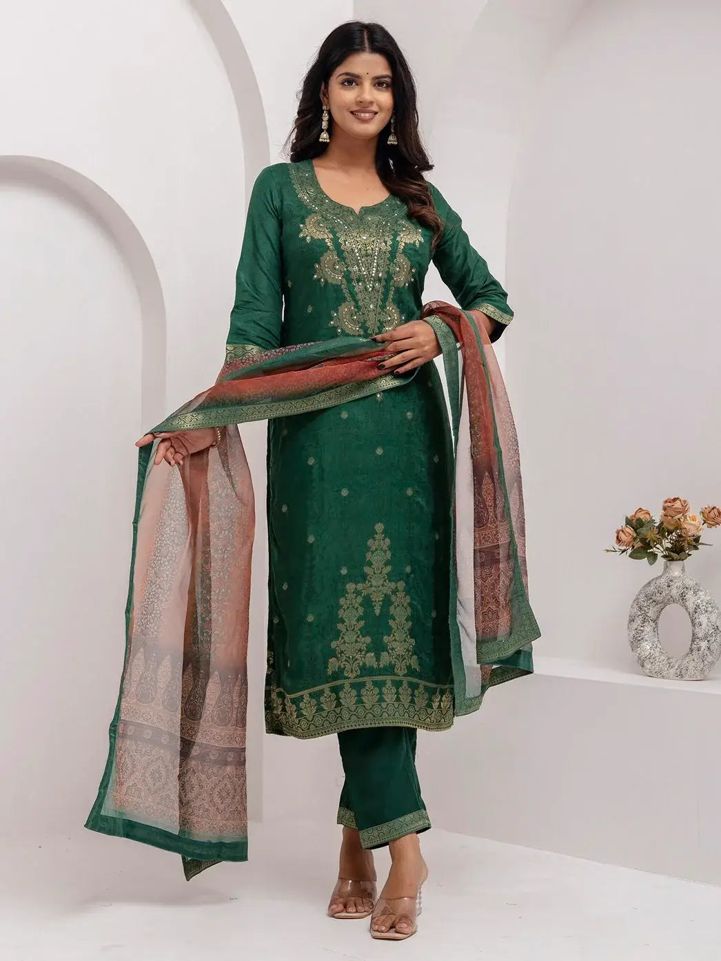 Charming Green Zari Weaving Viscose Silk Mehendi Wear Pant Suit With Dupatta - Zeel Clothing