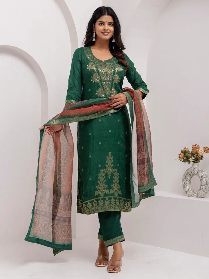 Charming Green Zari Weaving Viscose Silk Mehendi Wear Pant Suit With Dupatta - Zeel Clothing