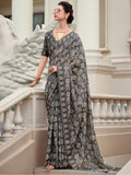 Charming Grey Digital Printed Silk Event Wear Saree With Blouse - Zeel Clothing