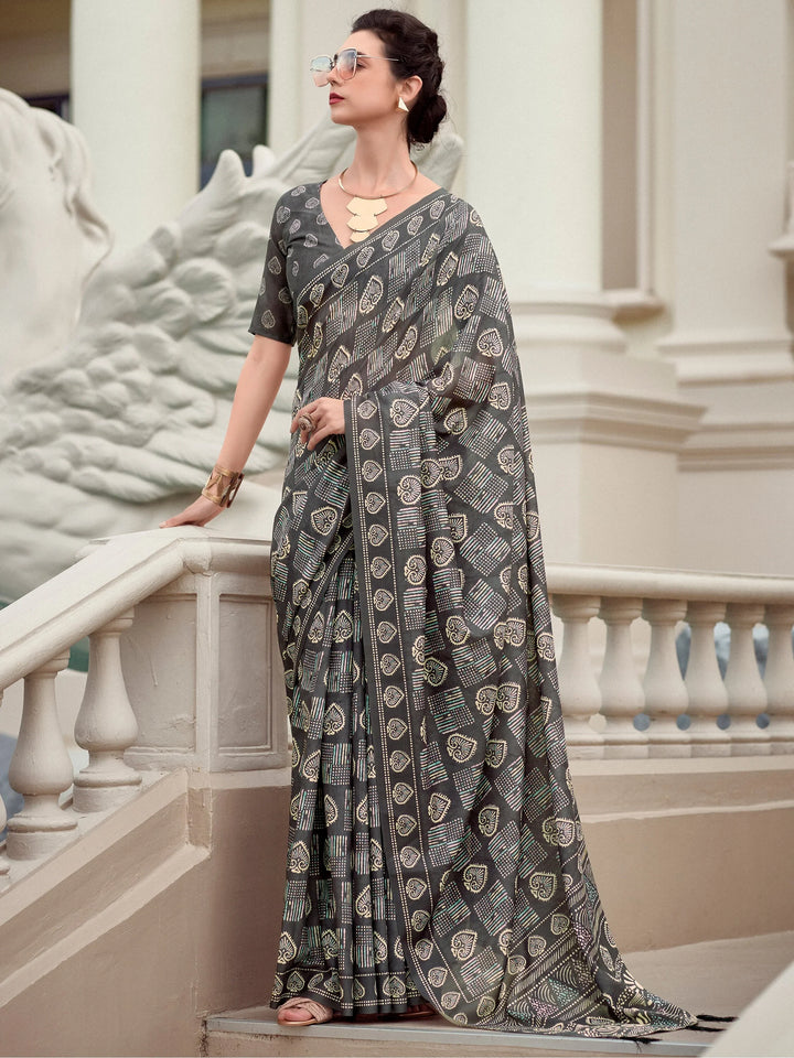 Charming Grey Digital Printed Silk Event Wear Saree With Blouse - Zeel Clothing