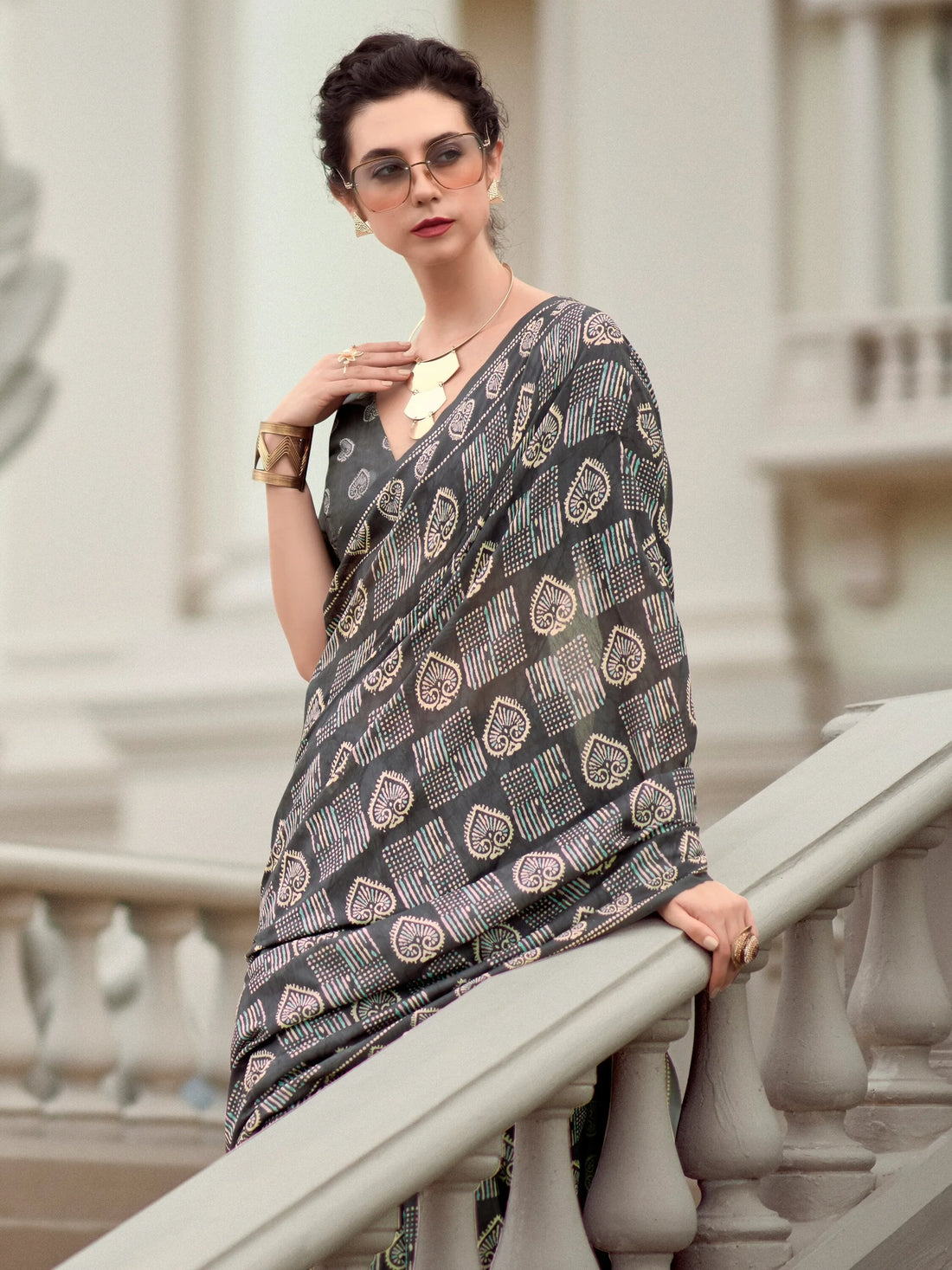 Charming Grey Digital Printed Silk Event Wear Saree With Blouse - Zeel Clothing