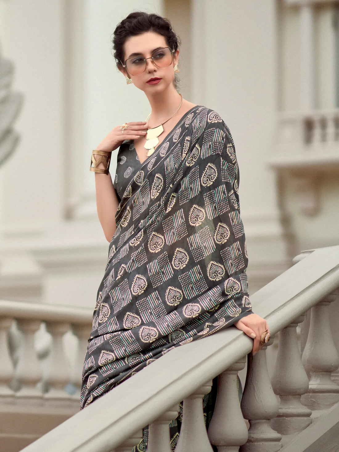 Charming Grey Digital Printed Silk Event Wear Saree With Blouse - Zeel Clothing
