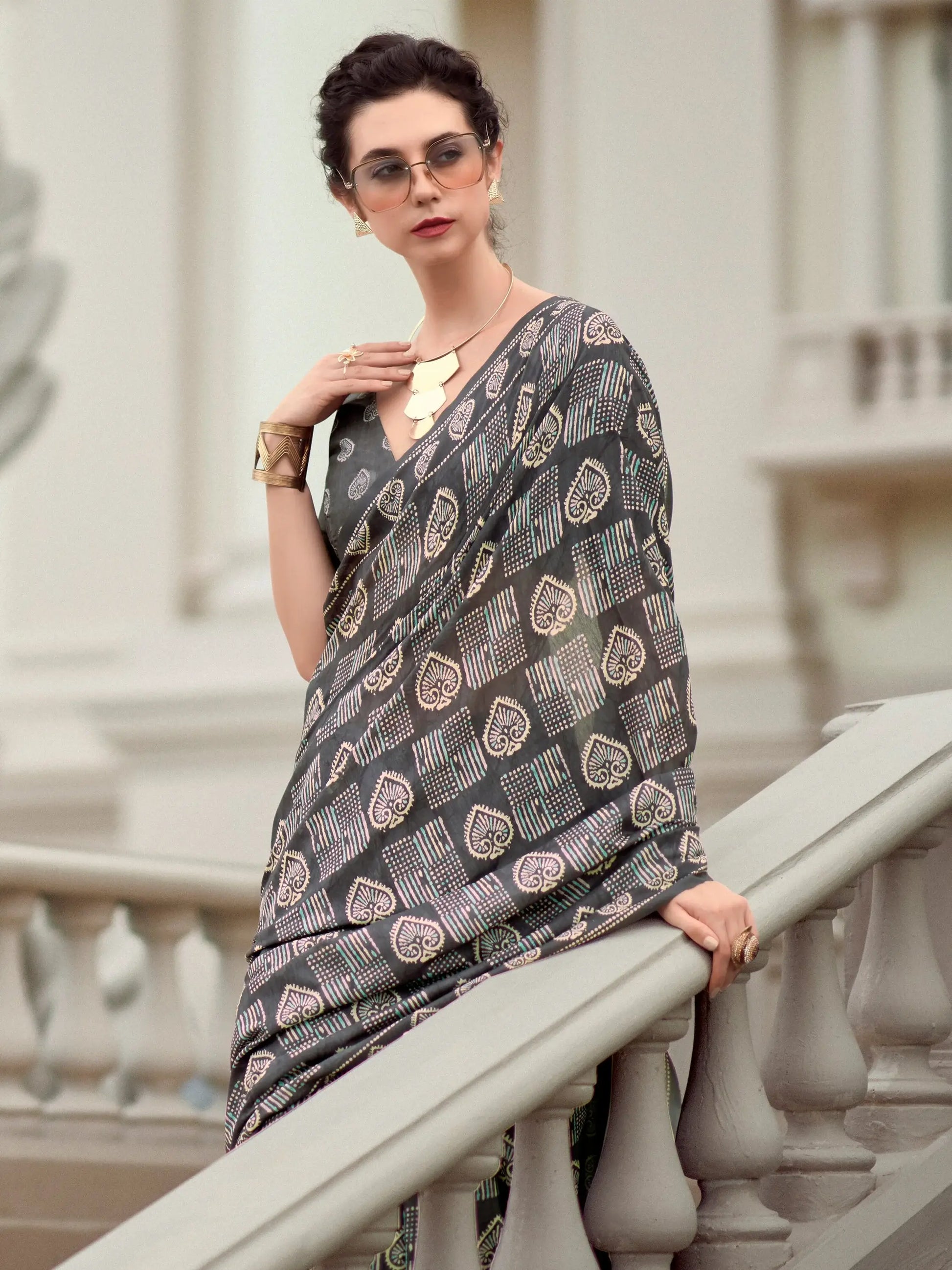 Charming Grey Digital Printed Silk Event Wear Saree With Blouse - Zeel Clothing