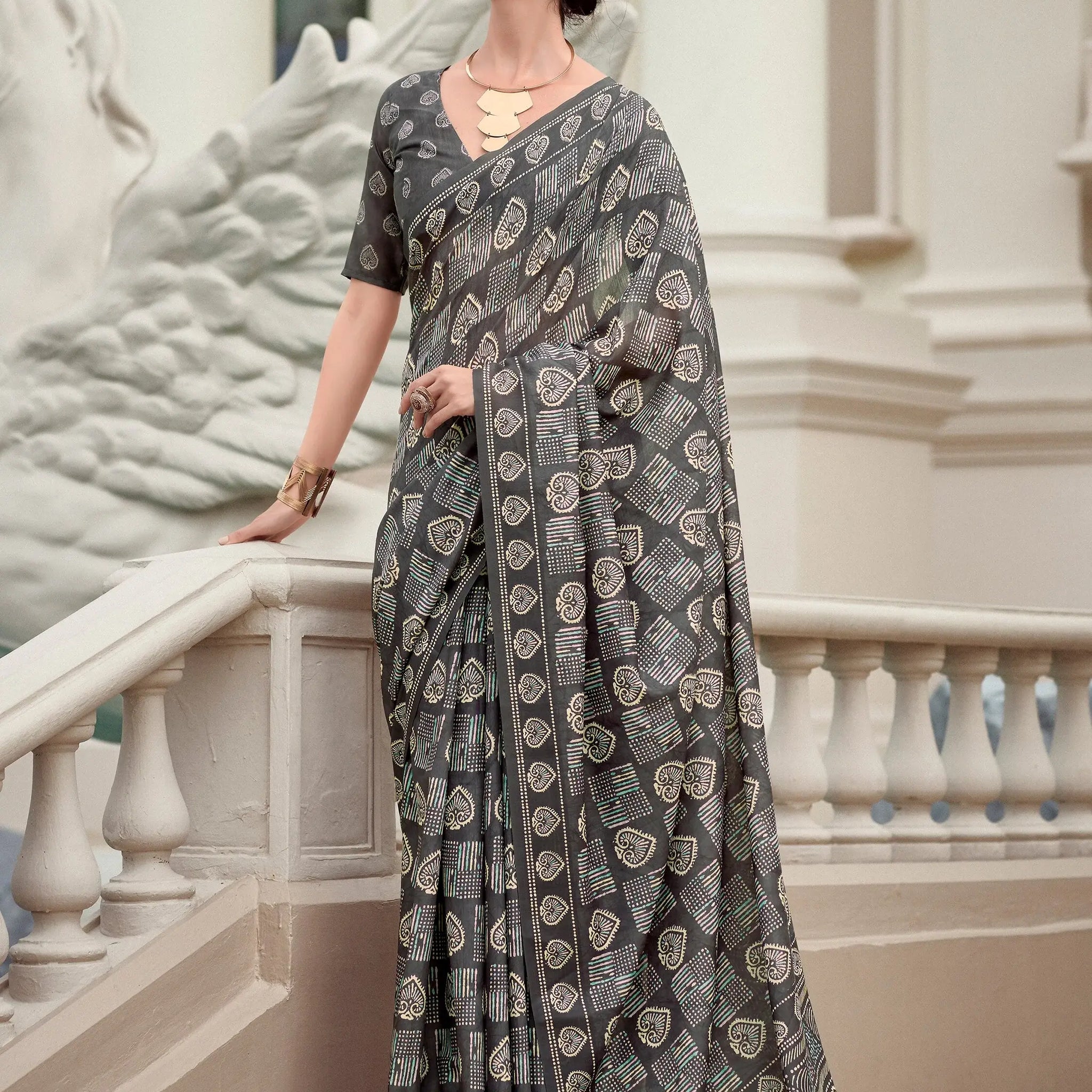 Charming Grey Digital Printed Silk Event Wear Saree With Blouse - Zeel Clothing