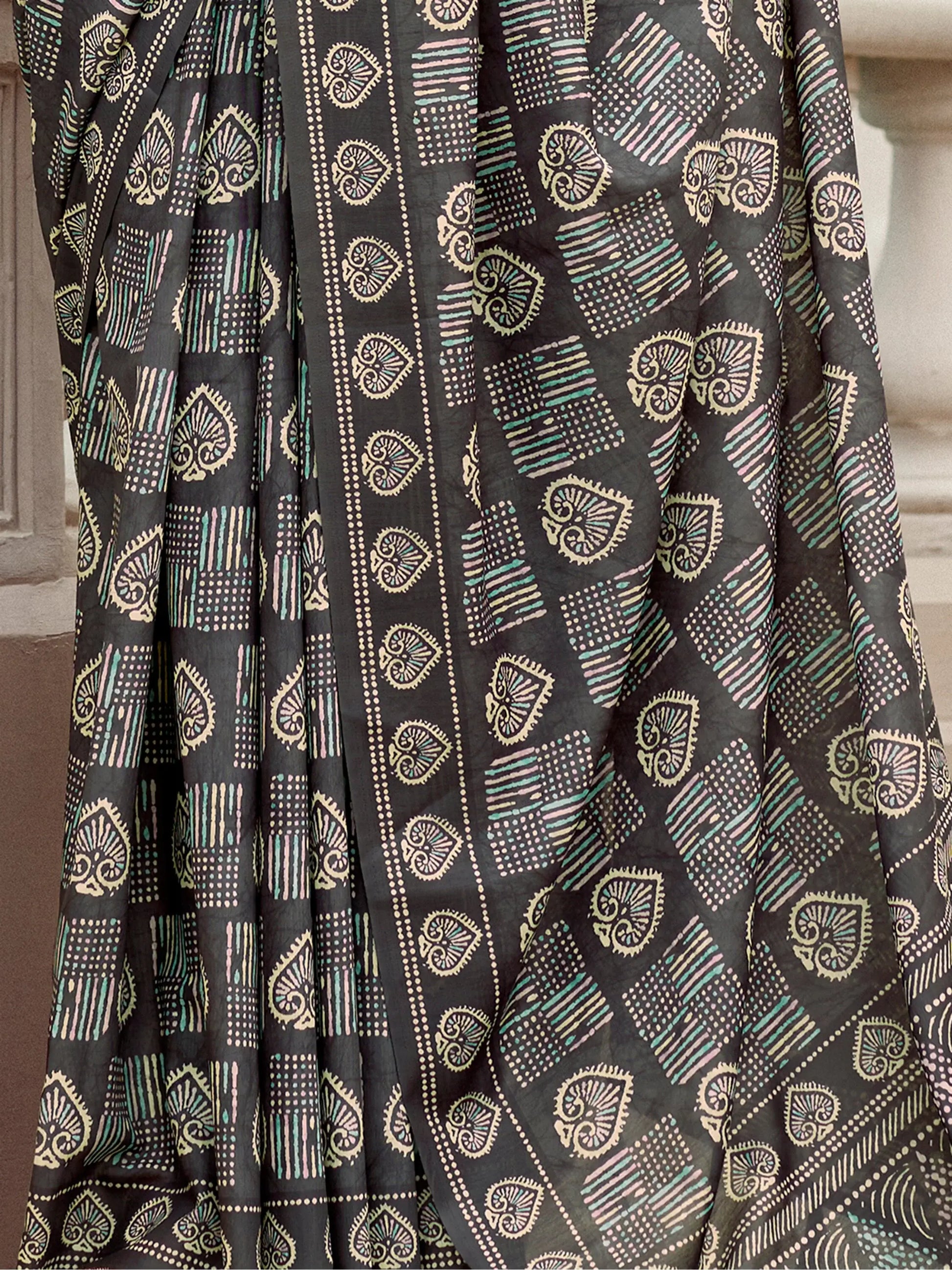 Charming Grey Digital Printed Silk Event Wear Saree With Blouse - Zeel Clothing
