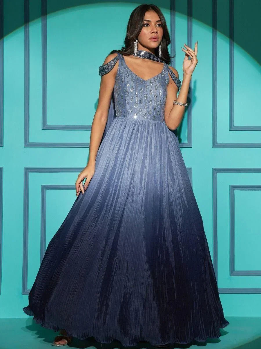 Charming Grey Embroidered Chinon Reception Wear Gown