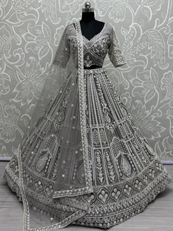Charming Grey Embroidered Net Bridesmaid Lehenga Choli With Dupatta - Zeel Clothing