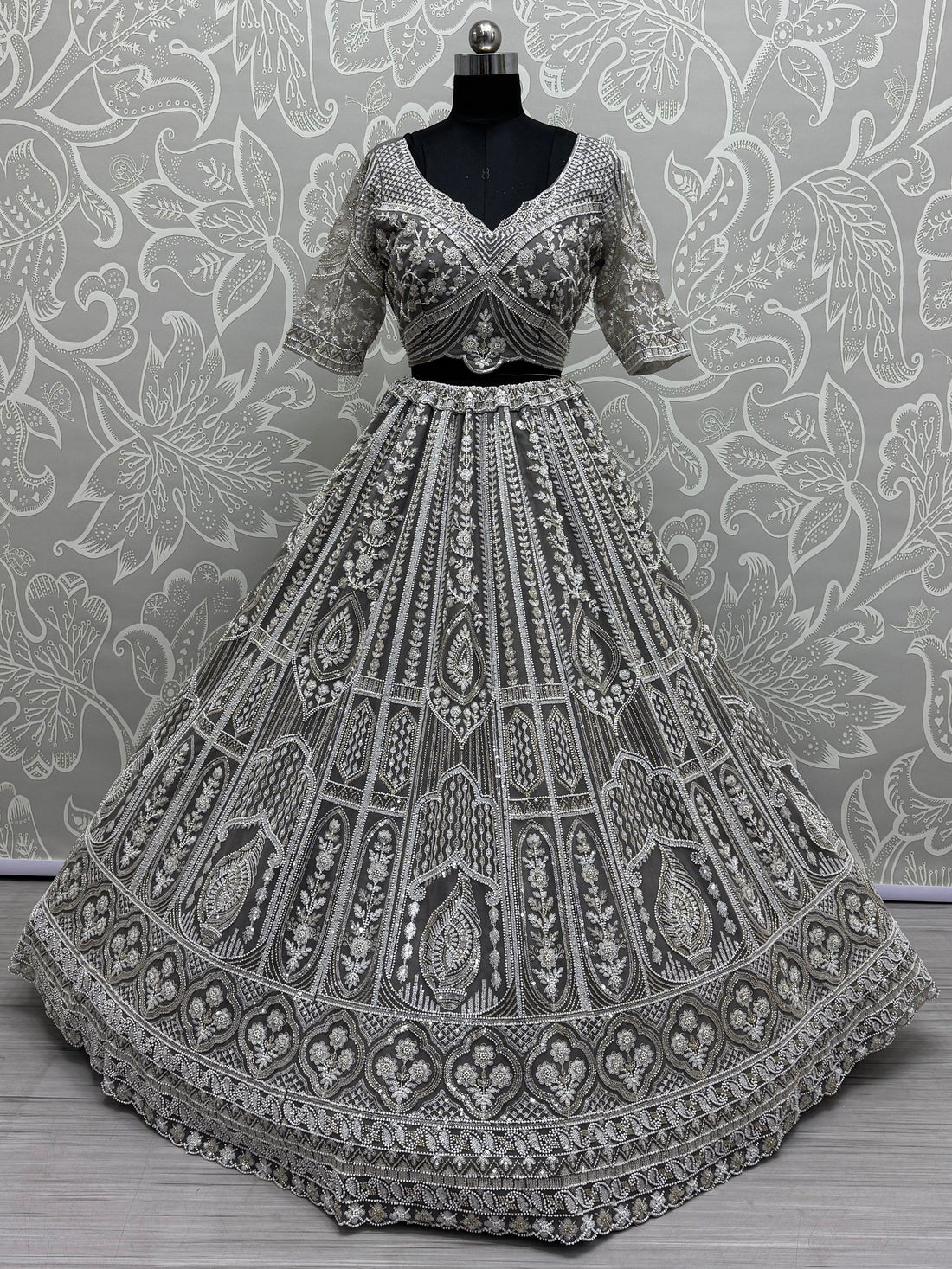 Charming Grey Embroidered Net Bridesmaid Lehenga Choli With Dupatta - Zeel Clothing