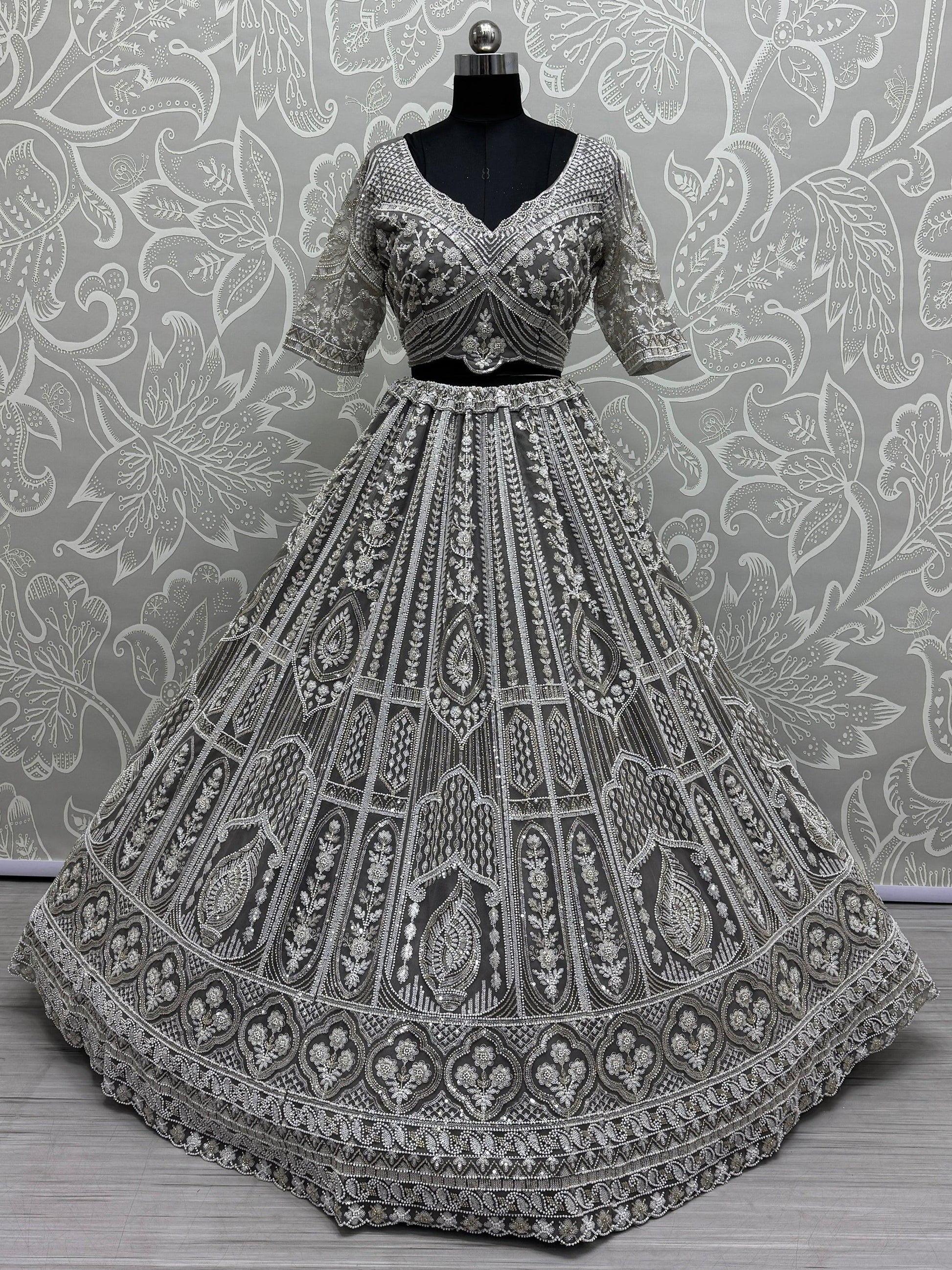 Charming Grey Embroidered Net Bridesmaid Lehenga Choli With Dupatta - Zeel Clothing