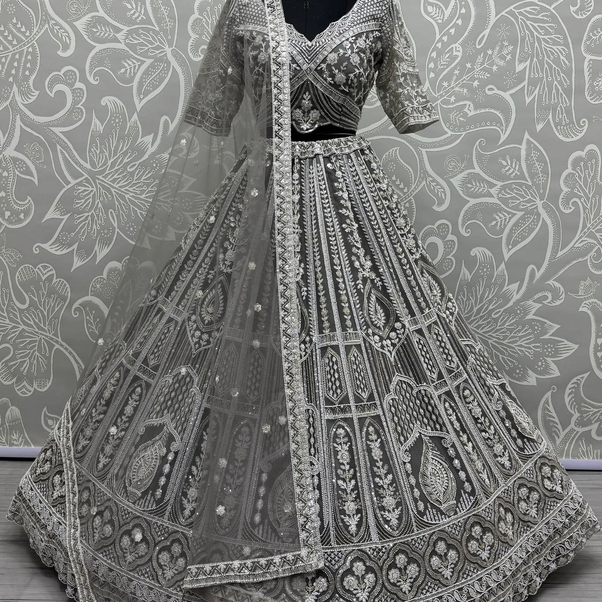 Charming Grey Embroidered Net Bridesmaid Lehenga Choli With Dupatta - Zeel Clothing