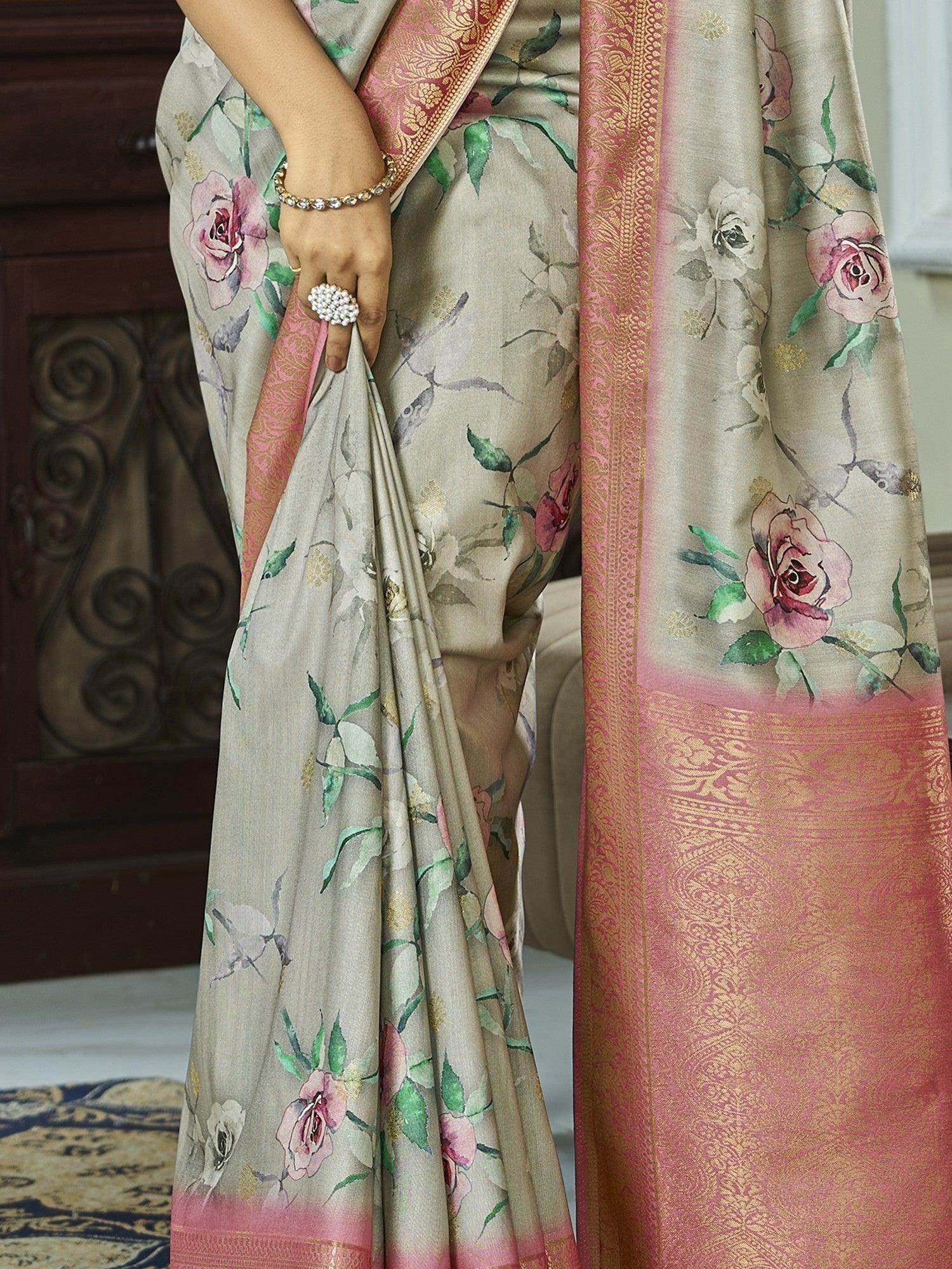 Charming Grey Floral Printed Silk Function Wear Saree With Blouse - Zeel Clothing
