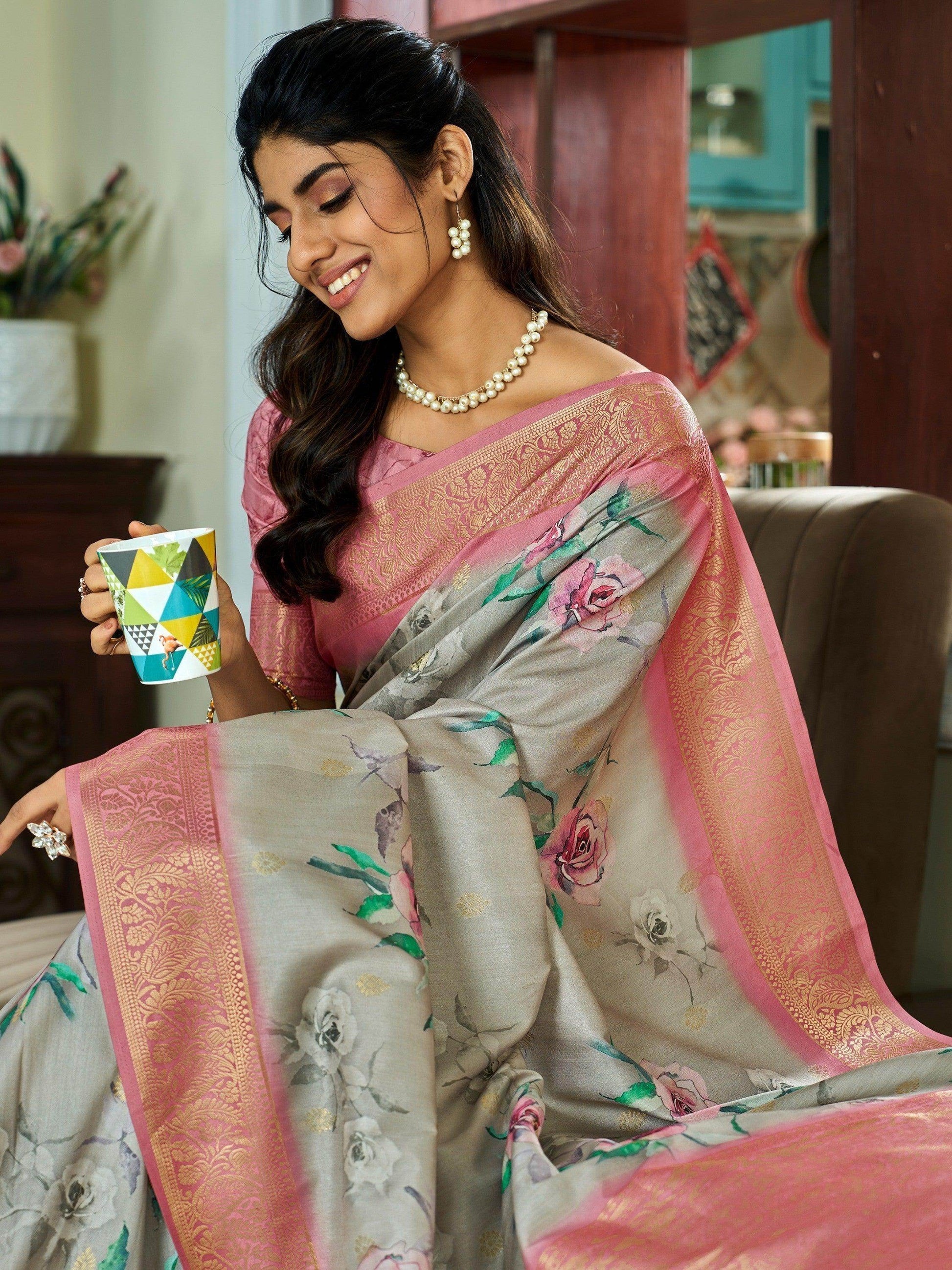 Charming Grey Floral Printed Silk Function Wear Saree With Blouse - Zeel Clothing
