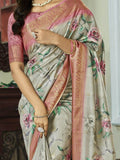 Charming Grey Floral Printed Silk Function Wear Saree With Blouse - Zeel Clothing