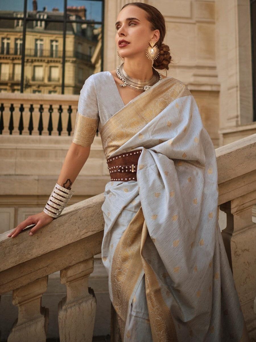 Charming Grey Zari Weaving Silk Party Wear Saree With Blouse