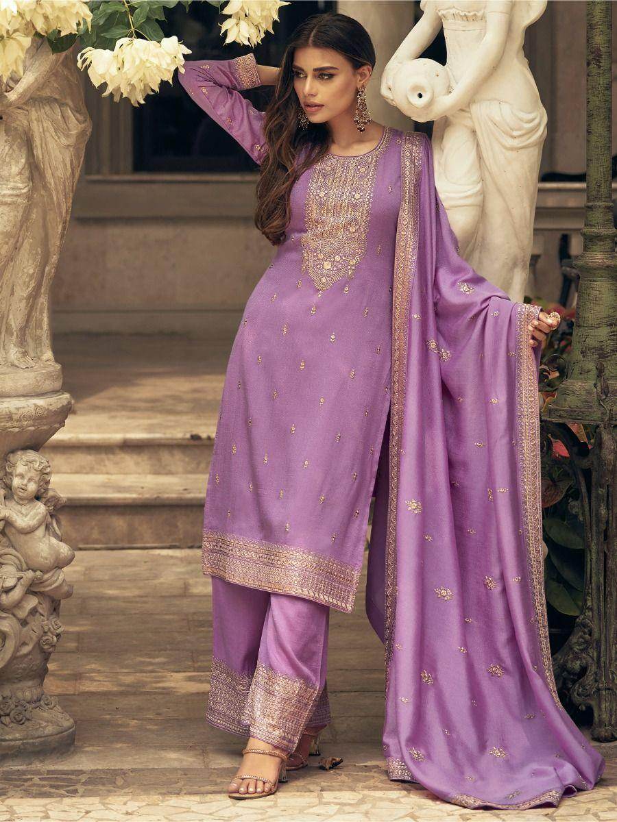 Charming Lavender Embroidered Silk Event Wear Palazzo Suit - Zeel Clothing