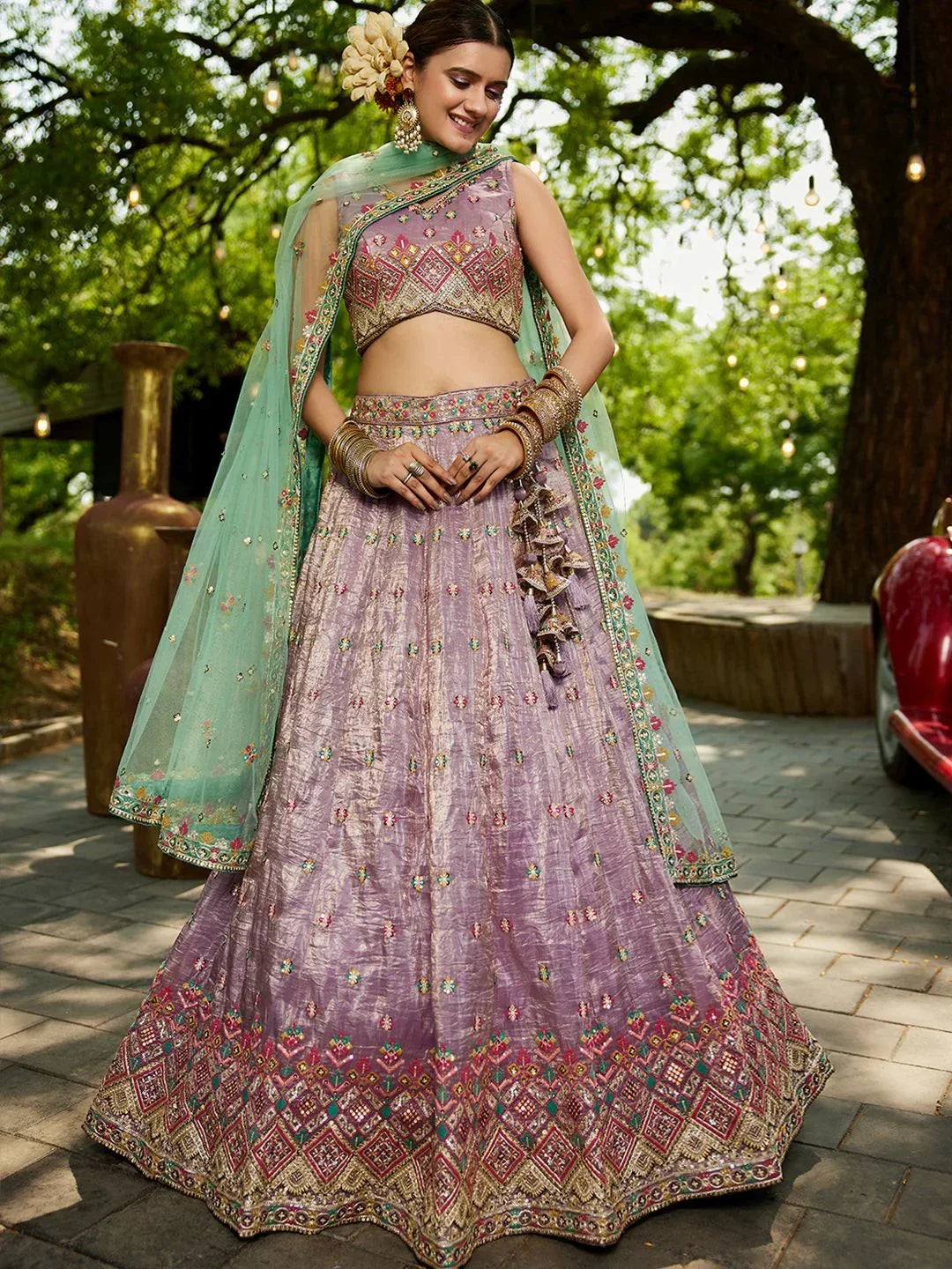 Charming Lavender Multi Thread Work Tissue Reception Wear Lehenga Choli - Zeel Clothing