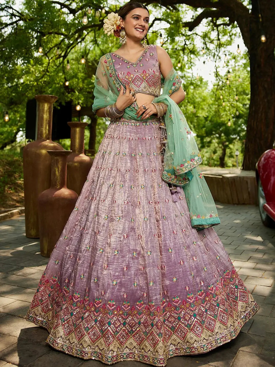 Charming Lavender Multi Thread Work Tissue Reception Wear Lehenga Choli - Zeel Clothing