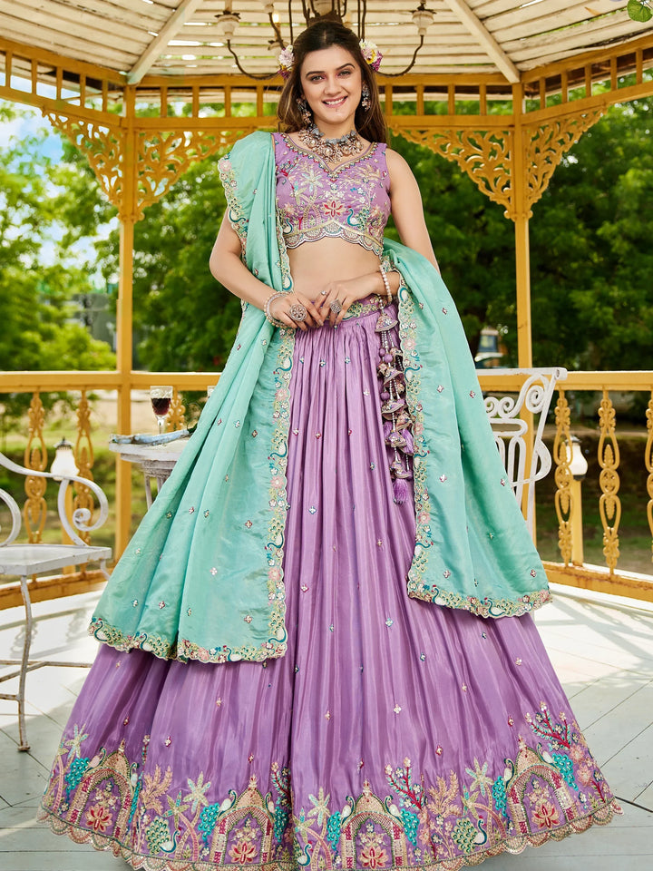 Charming Lavender Satin Sequins Work Bridemaids Lehenga Choli With Dupatta - Zeel Clothing