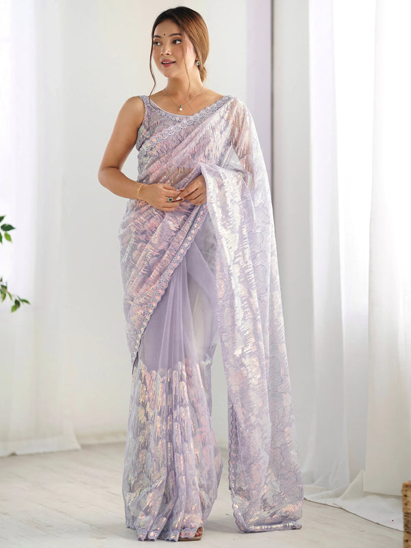 Charming Lavender Sequins Net Party Wear Saree With Blouse - Zeel Clothing