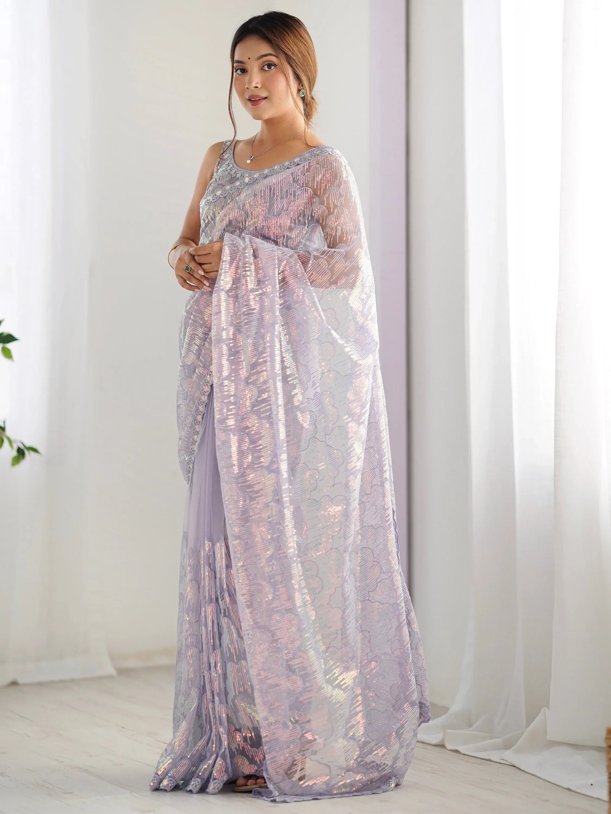 Charming Lavender Sequins Net Party Wear Saree With Blouse - Zeel Clothing