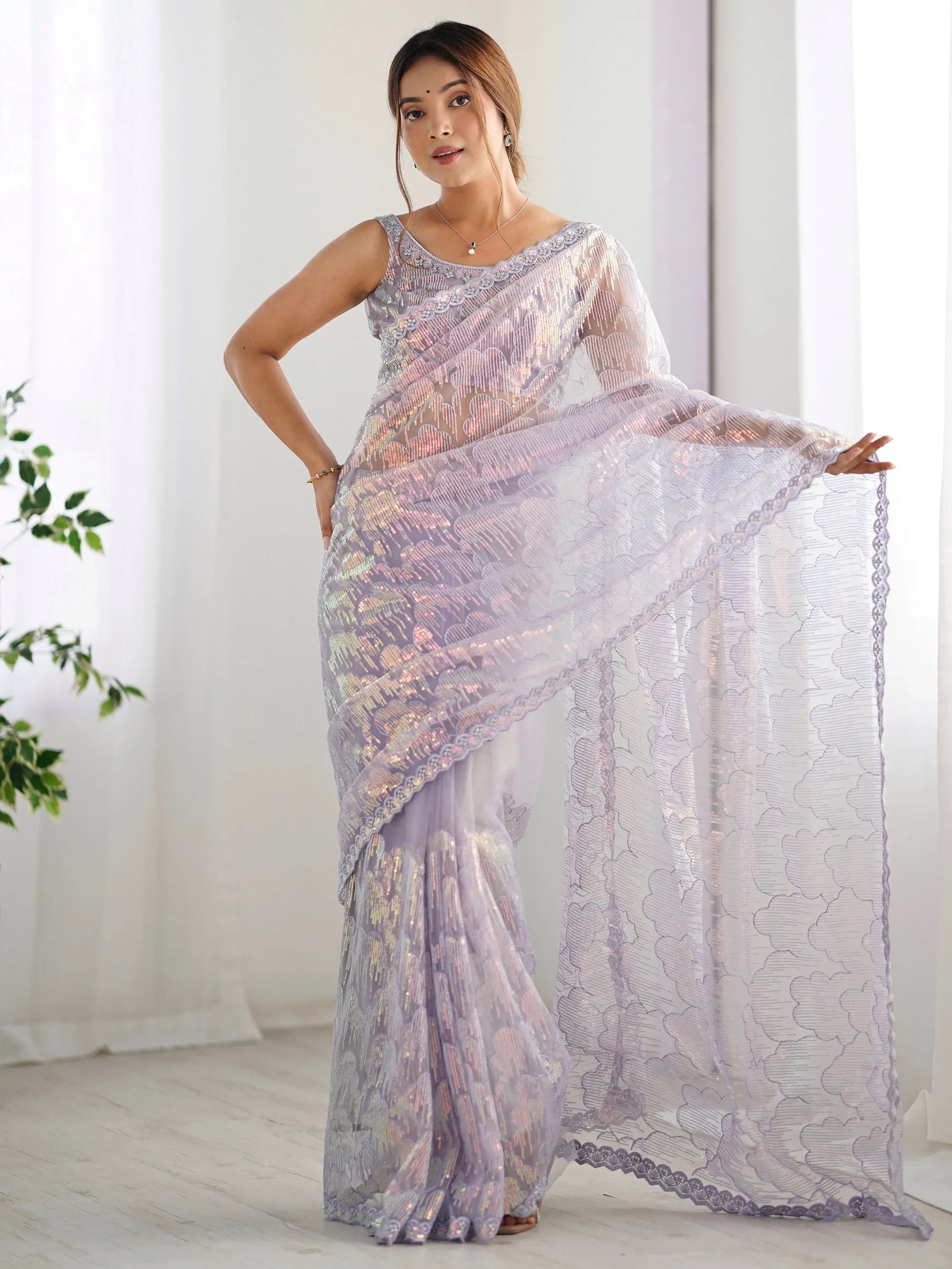 Charming Lavender Sequins Net Party Wear Saree With Blouse - Zeel Clothing