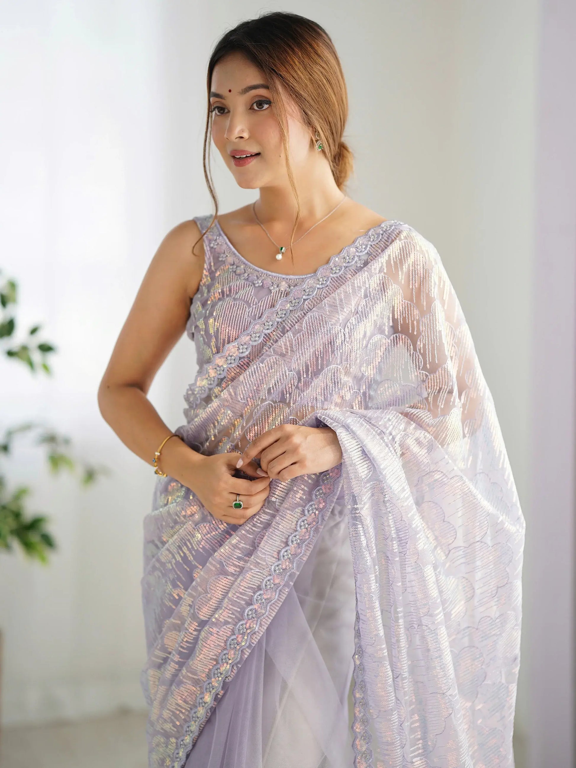 Charming Lavender Sequins Net Party Wear Saree With Blouse - Zeel Clothing