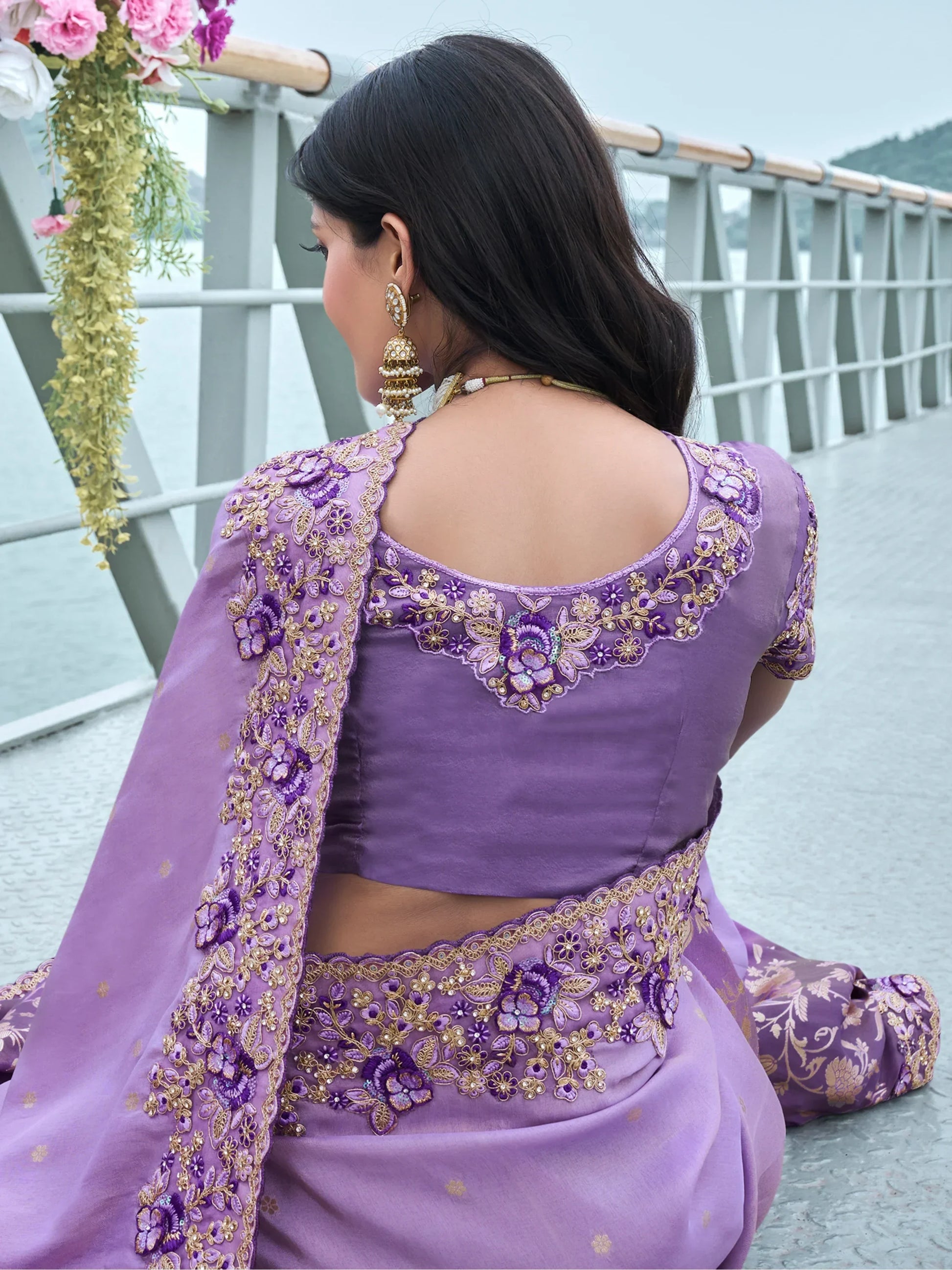 Charming Lavender Zari Weaving Organza Engagement Wear Saree - Zeel Clothing