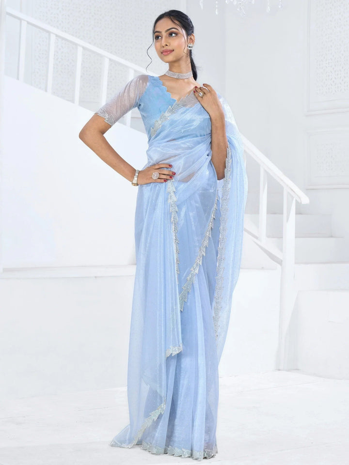 Charming Light Blue Swarovski Work Organza Saree With Blouse