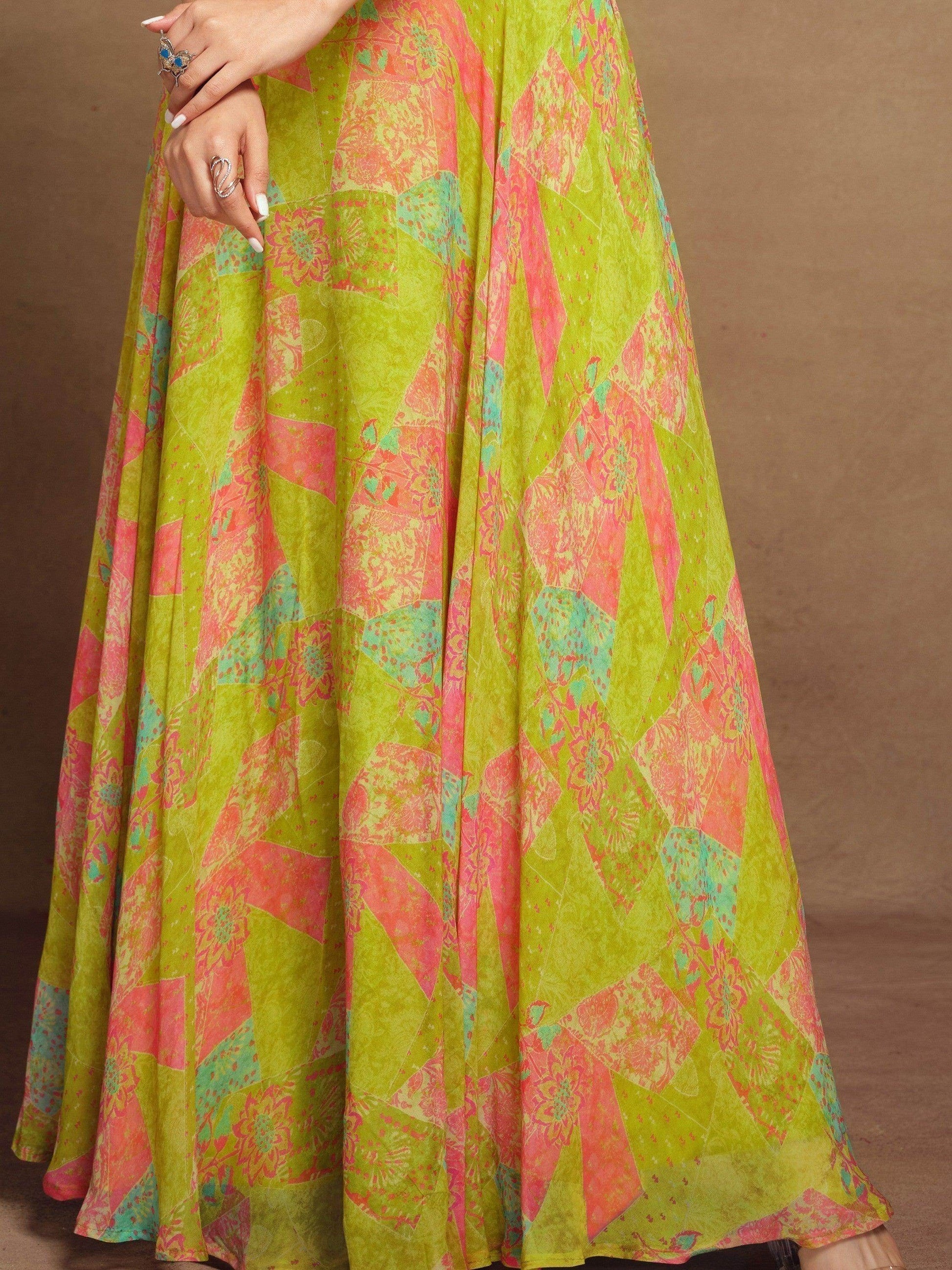 Charming Light Green Digital Printed Georgette Festival Wear Gown - Zeel Clothing