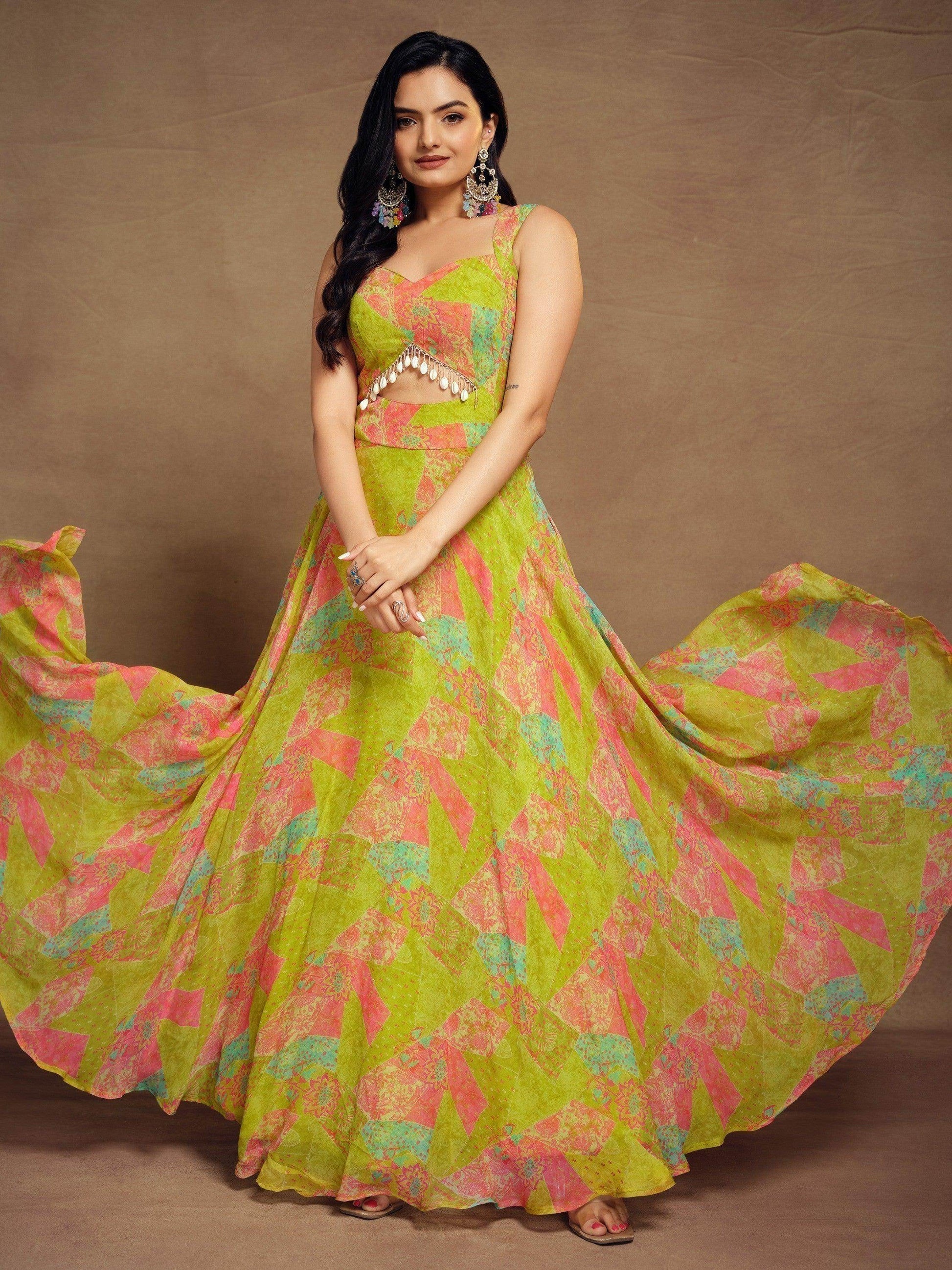 Charming Light Green Digital Printed Georgette Festival Wear Gown - Zeel Clothing