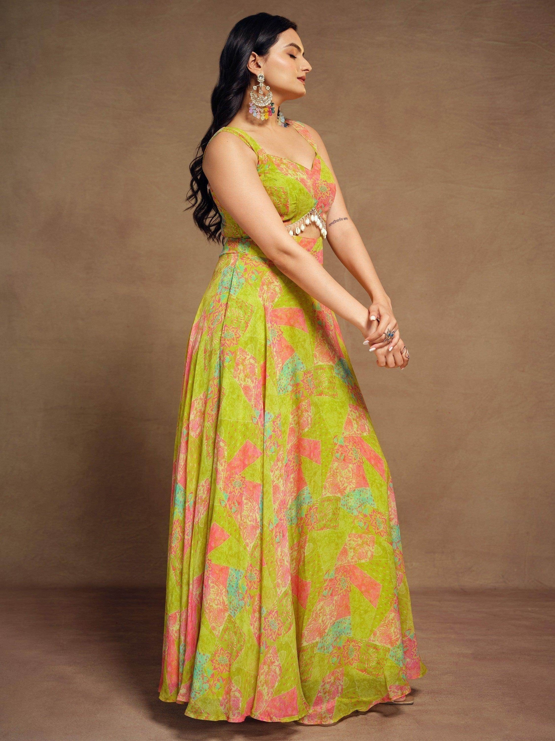 Charming Light Green Digital Printed Georgette Festival Wear Gown - Zeel Clothing