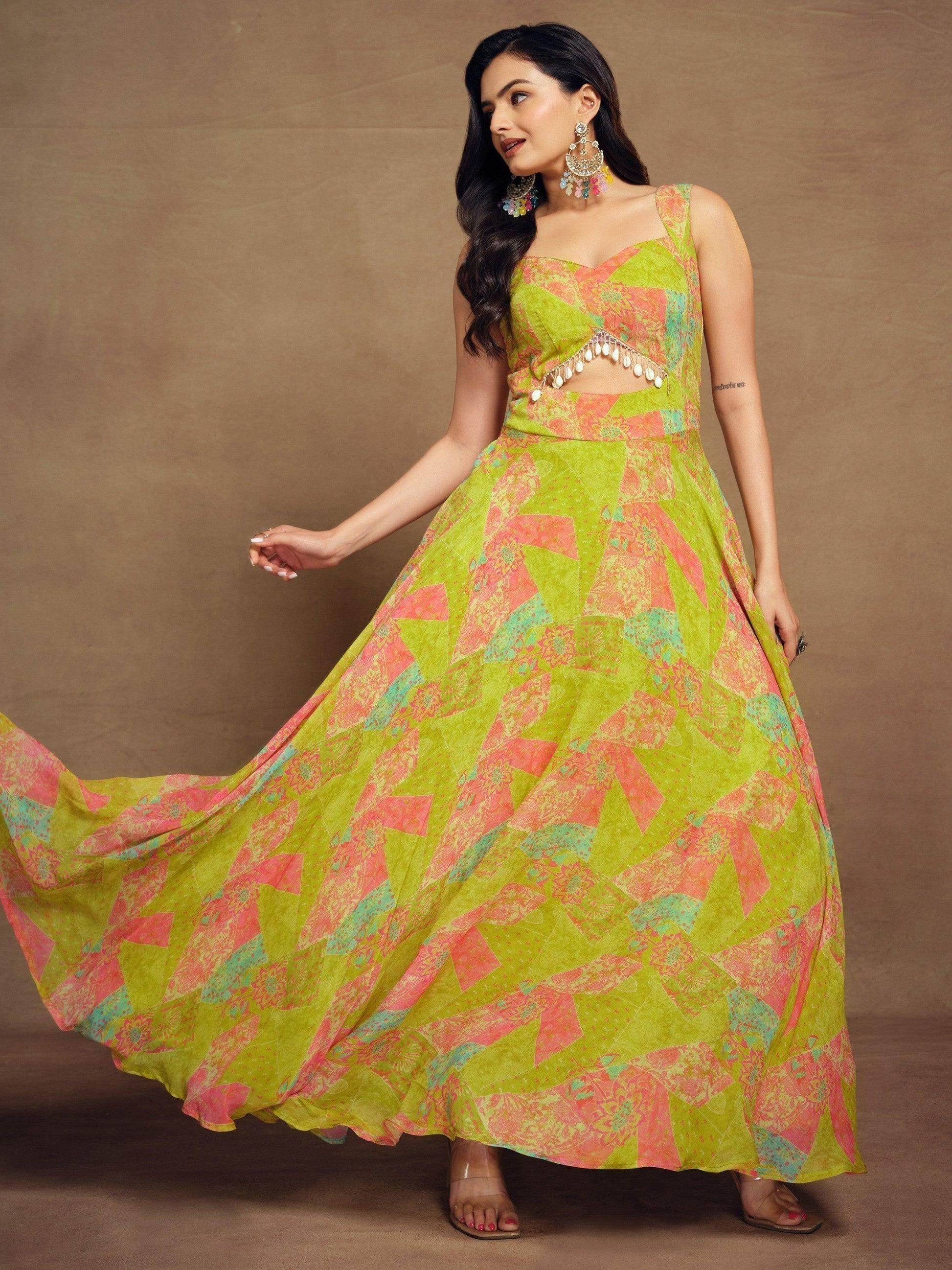 Charming Light Green Digital Printed Georgette Festival Wear Gown - Zeel Clothing