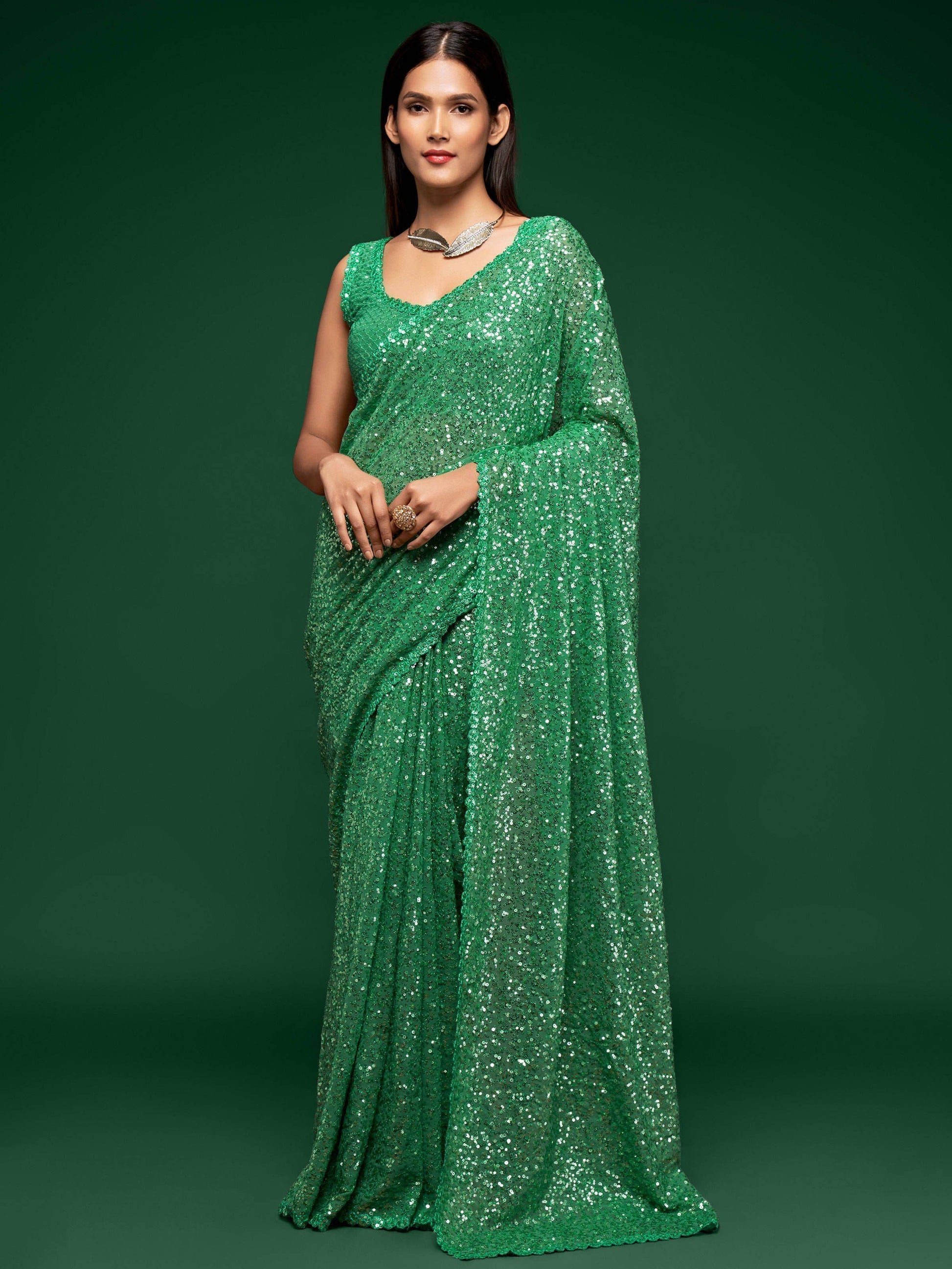 Charming Light Green Sequins Georgette Designer Saree With Blouse - Zeel Clothing