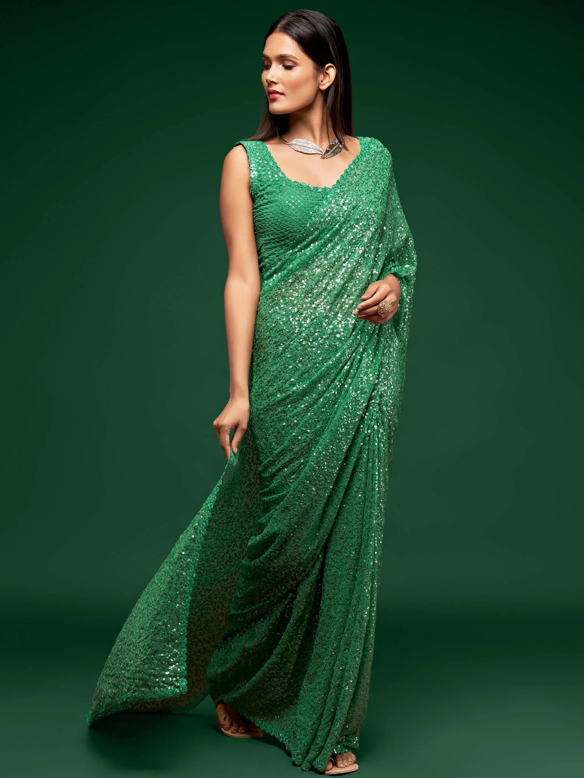 Charming Light Green Sequins Georgette Designer Saree With Blouse - Zeel Clothing