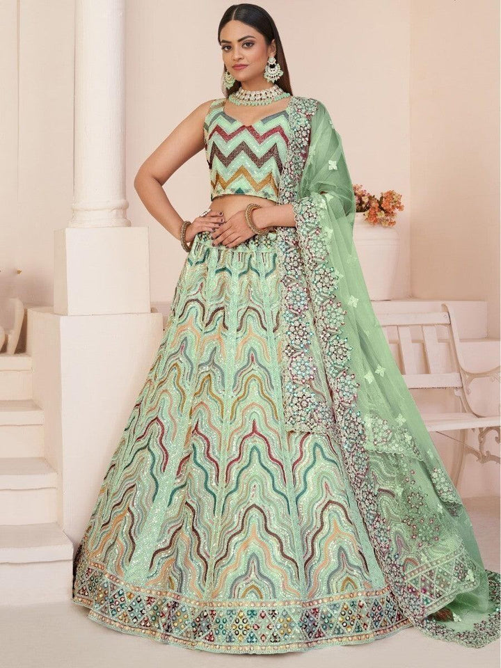Charming Light Green Sequins Net Lehenga Choli With Dupatta