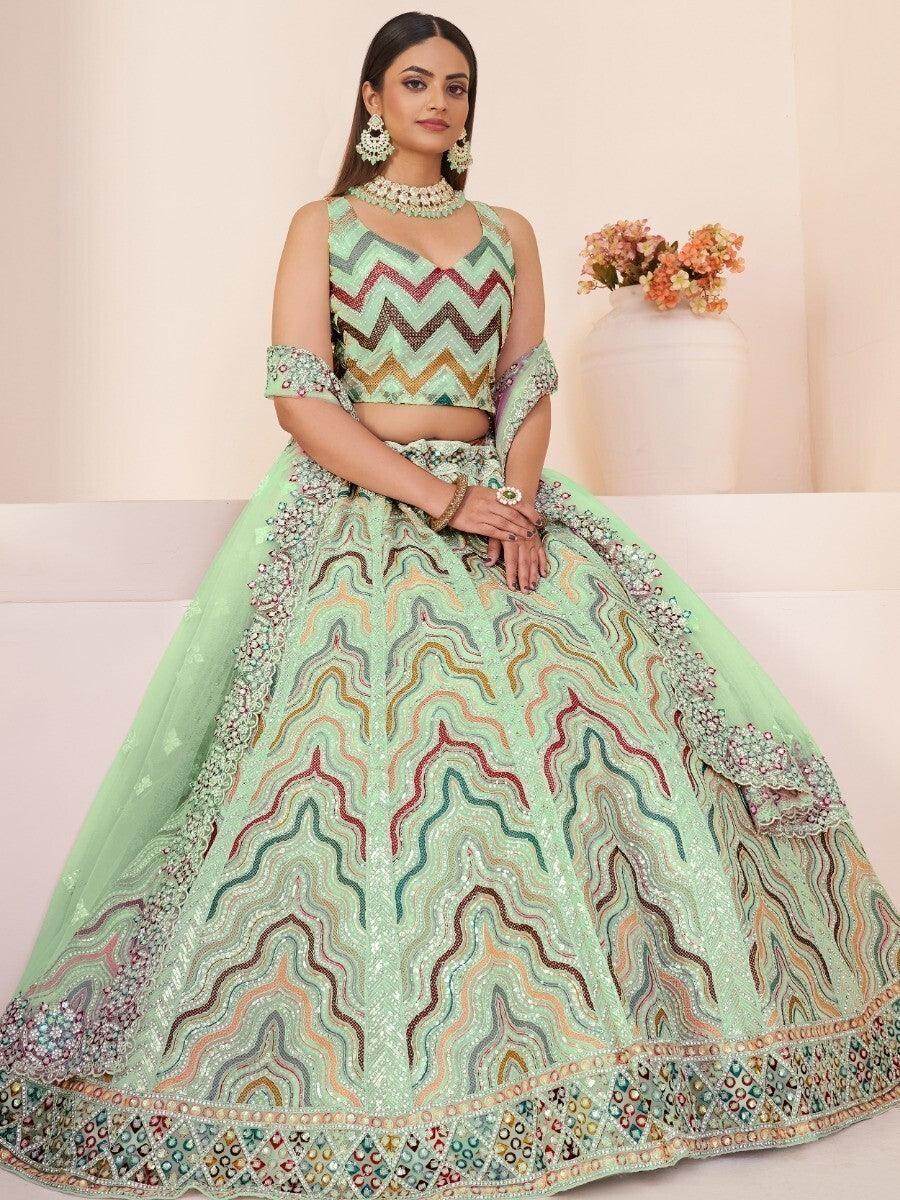 Charming Light Green Sequins Net Lehenga Choli With Dupatta - Zeel Clothing