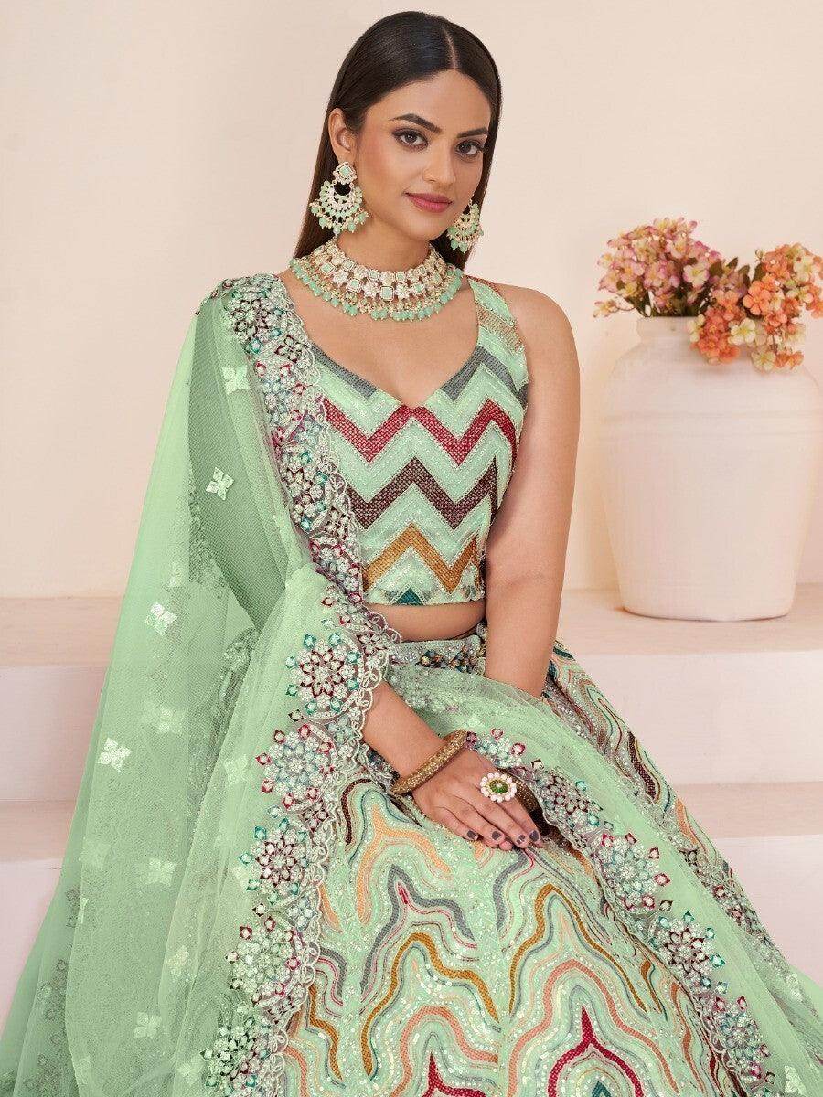Charming Light Green Sequins Net Lehenga Choli With Dupatta - Zeel Clothing