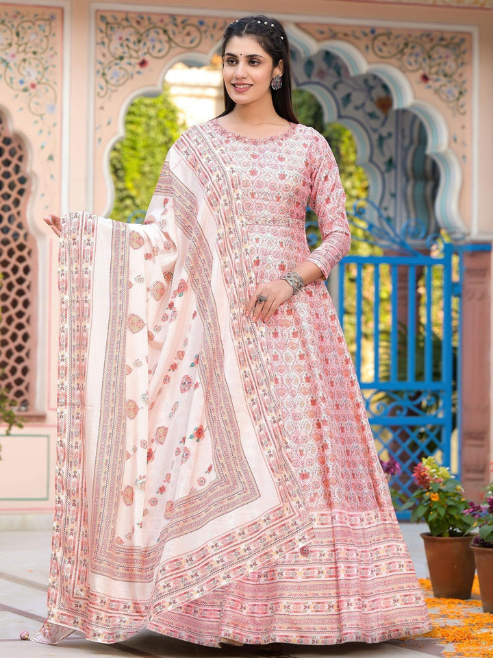 Charming Light Pink Digital Printed Silk Gown With Dupatta
