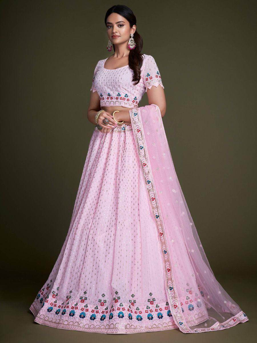 Charming Light Pink Embroidery Georgette Designer Lehenga Choli - Zeel Clothing